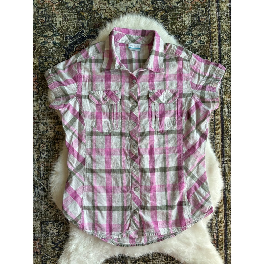 Columbia Women's Plaid Short‎ Sleeve Button Up Shirt Pink Green Size L Outdoor